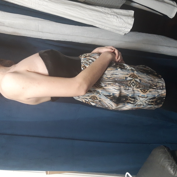 Black leather boned bousties, beacon stricter print skirt. Edgy and elegant. - Picture 2 of 4